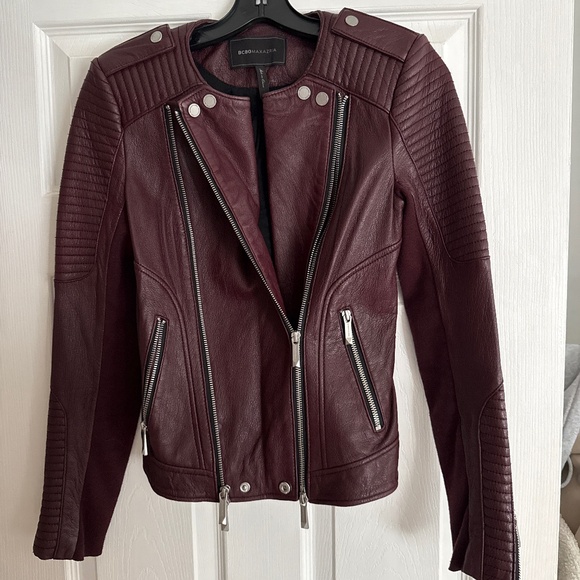 BCBG MAXAZRIA Burgundy Moto Zip Leather Jacket XXS $598 - Picture 5 of 10